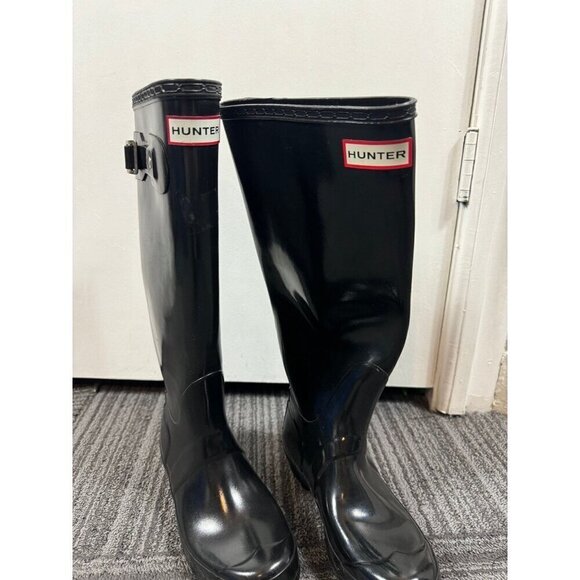 HUNTER BOOTS Woman’s Original Tall Back Adjustable Rain Boots BLACK Gloss - Picture 5 of 11